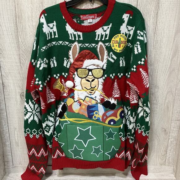 Holliday’s XXL Mens Ugly Christmas Sweater Santa Llama Presents Drink Pocket New - Picture 5 of 7